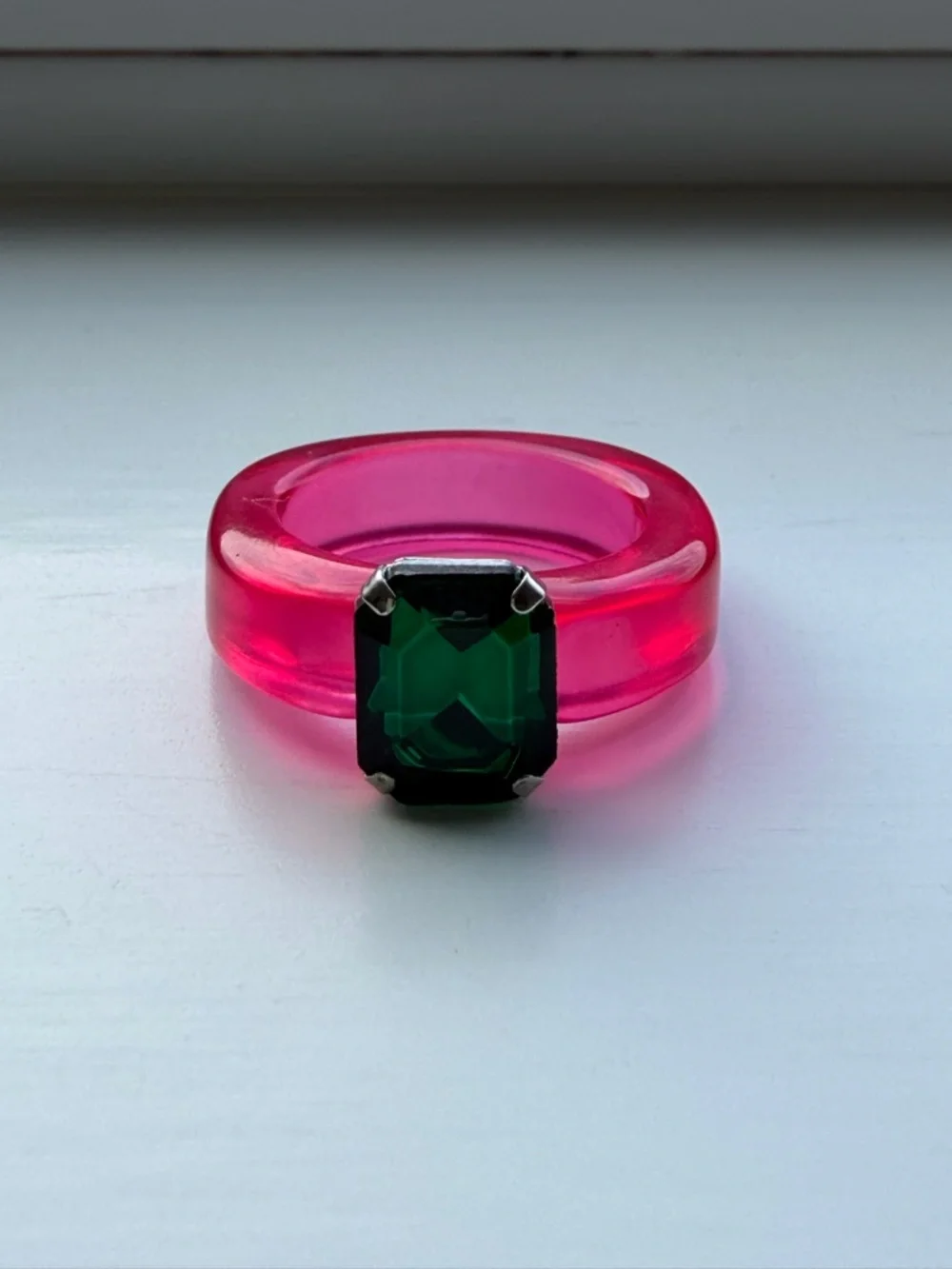 Transparent Pink Resin Ring With Emerald-Cut Green Crystal / Faux Gem - Size 6.5